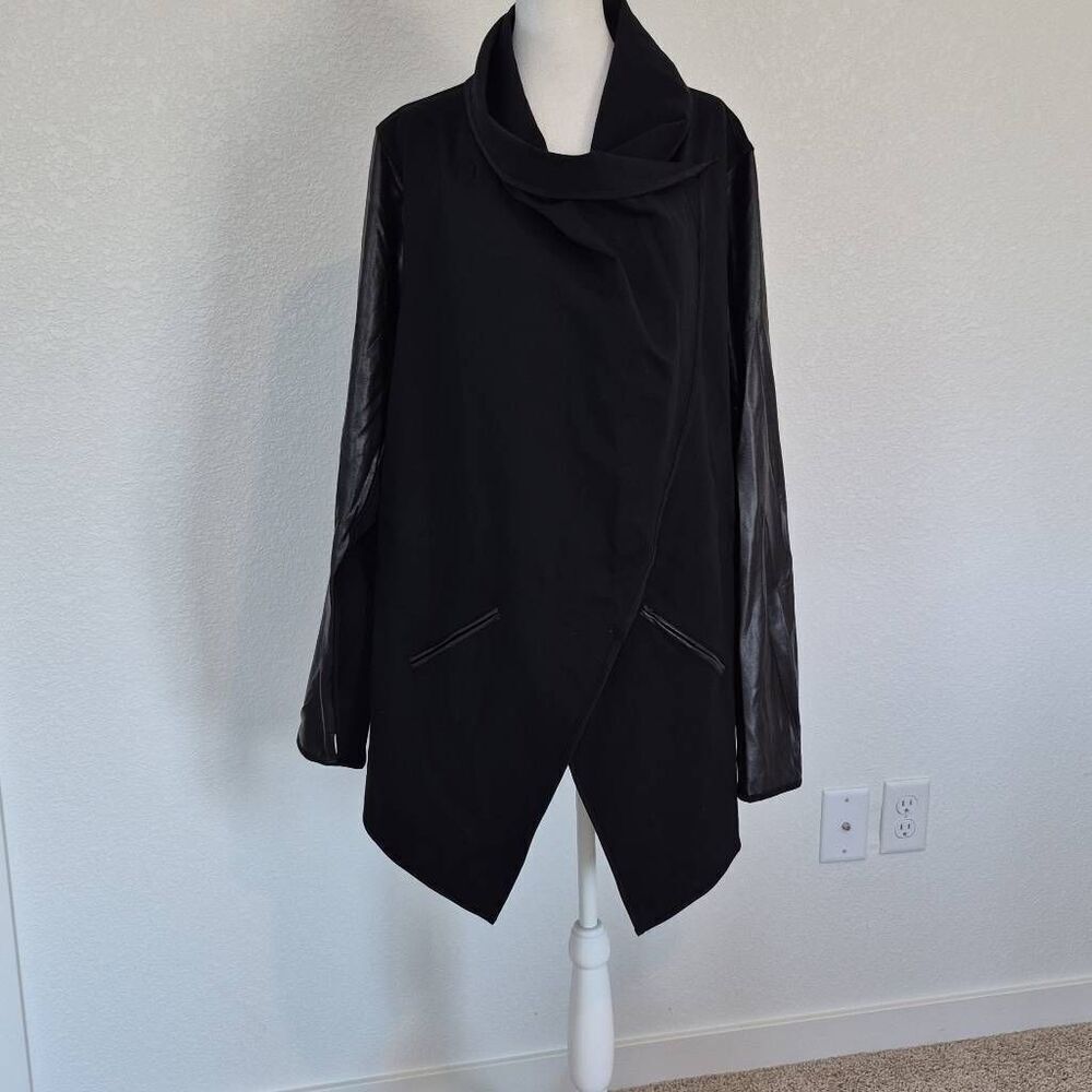 SPANX Faux Leather Convertible Black Coat Drape Front Jacket Size 3X